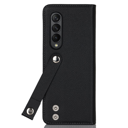 Textured Genuine Leather Case Hand Band Wallet Stand Cover with Pen Slot for Samsung Galaxy Z Fold3 5G