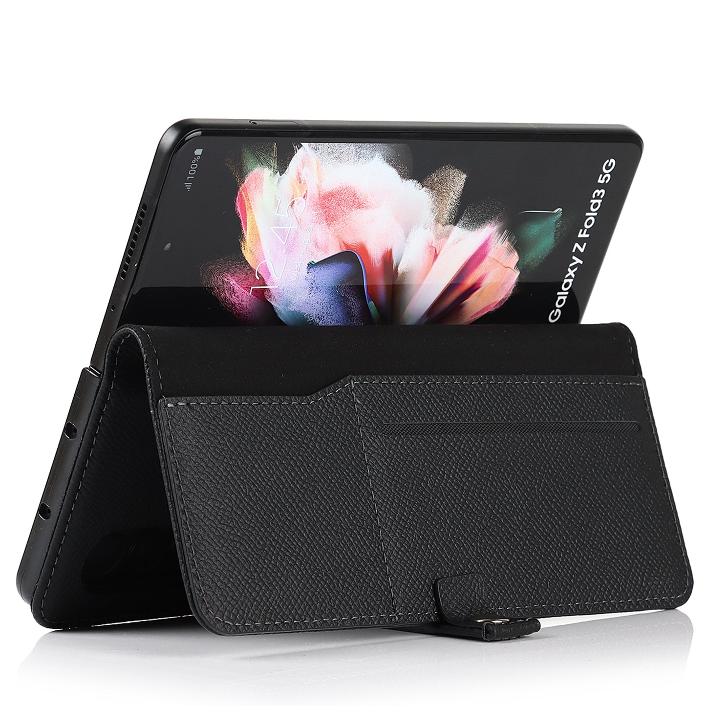 Textured Genuine Leather Case Hand Band Wallet Stand Cover with Pen Slot for Samsung Galaxy Z Fold3 5G