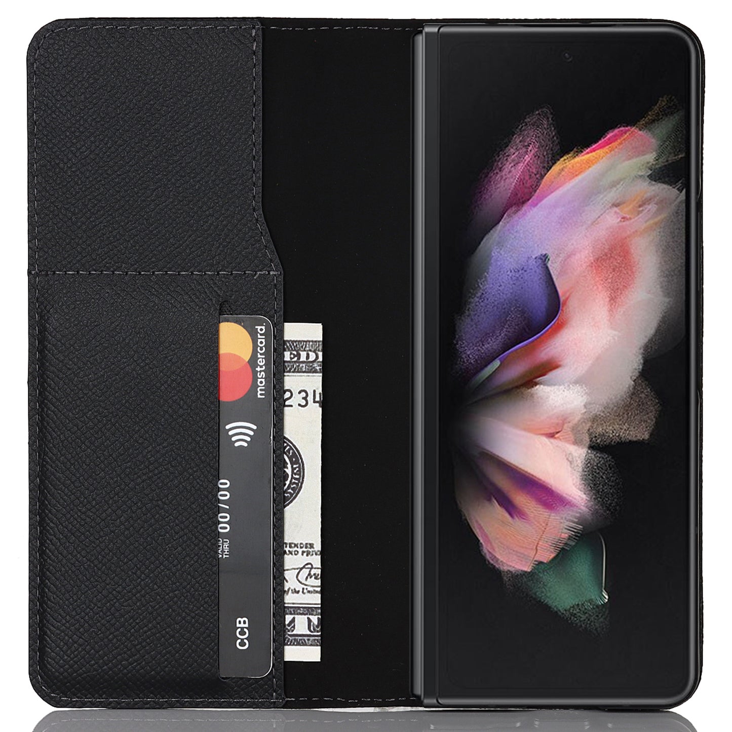 Textured Genuine Leather Case Hand Band Wallet Stand Cover with Pen Slot for Samsung Galaxy Z Fold3 5G