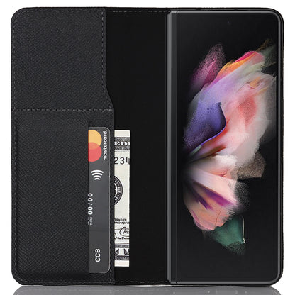 Textured Genuine Leather Case Hand Band Wallet Stand Cover with Pen Slot for Samsung Galaxy Z Fold3 5G