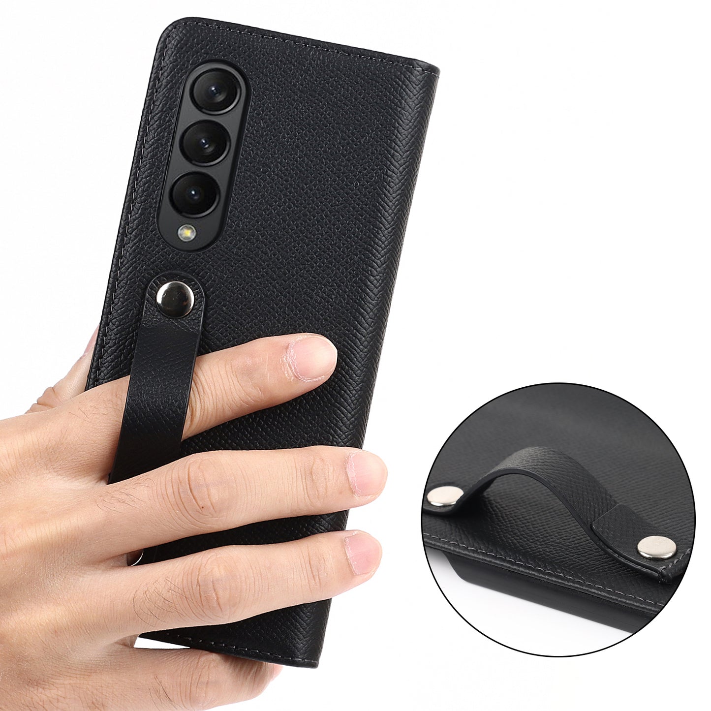 Textured Genuine Leather Case Hand Band Wallet Stand Cover with Pen Slot for Samsung Galaxy Z Fold3 5G