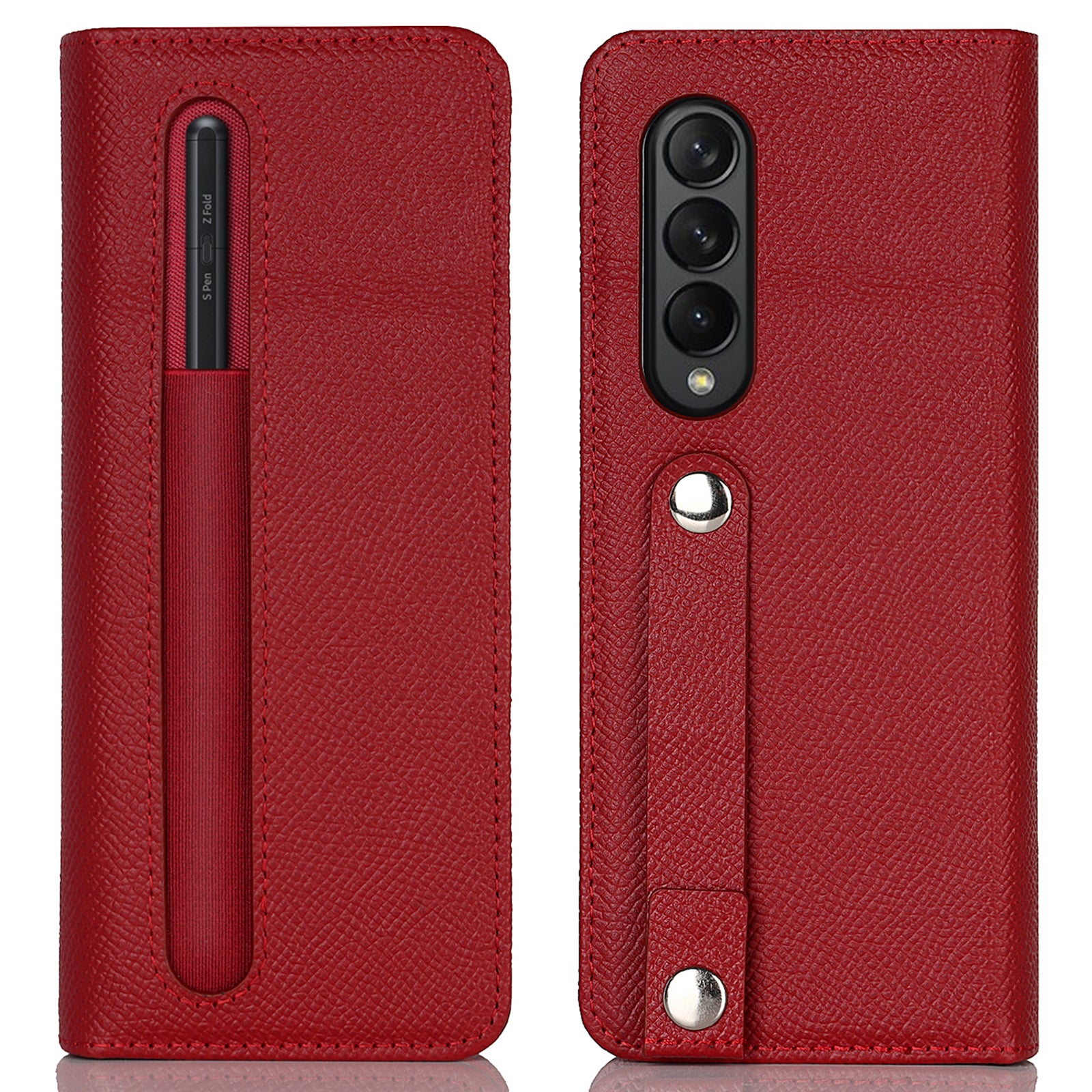 Textured Genuine Leather Case Hand Band Wallet Stand Cover with Pen Slot for Samsung Galaxy Z Fold3 5G