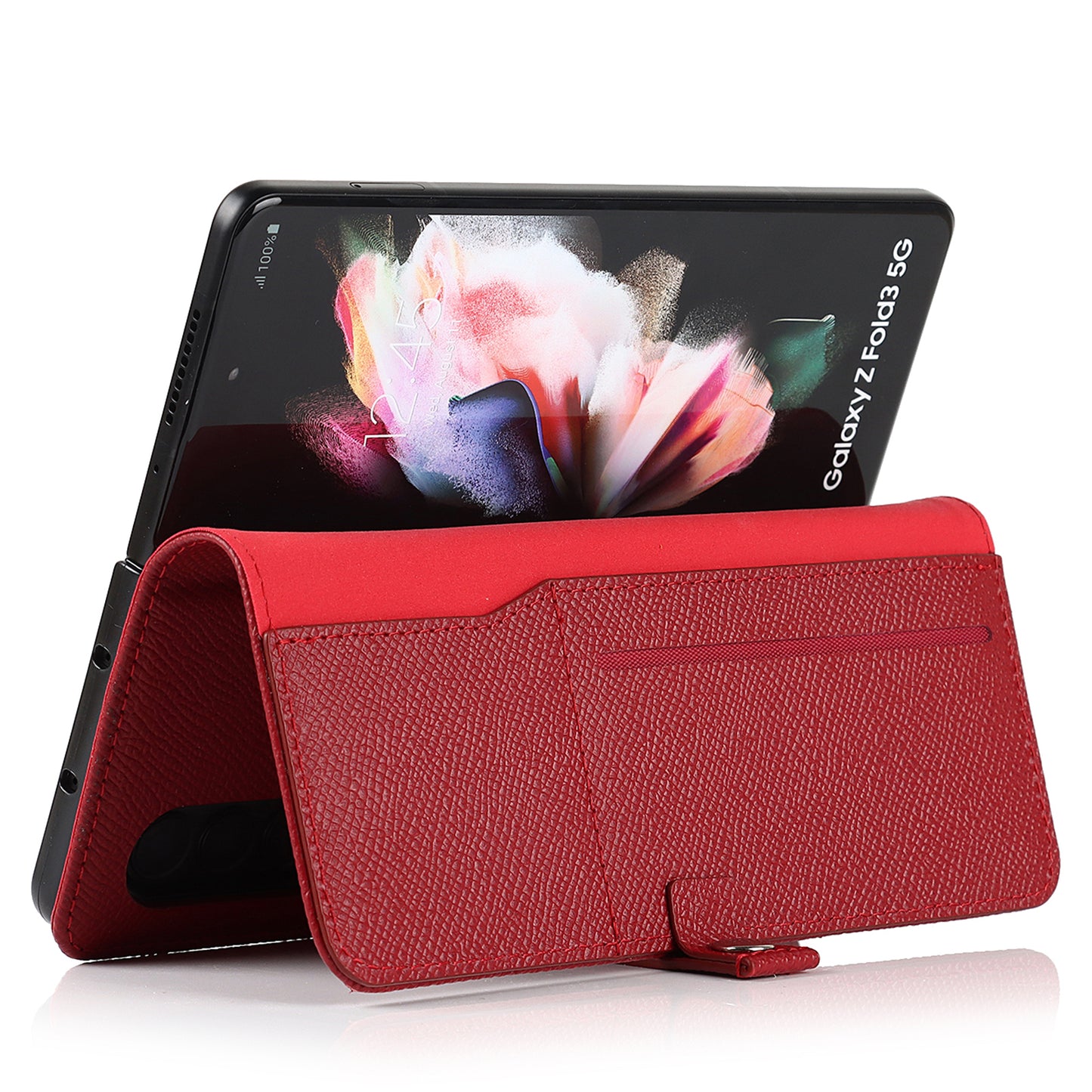 Textured Genuine Leather Case Hand Band Wallet Stand Cover with Pen Slot for Samsung Galaxy Z Fold3 5G