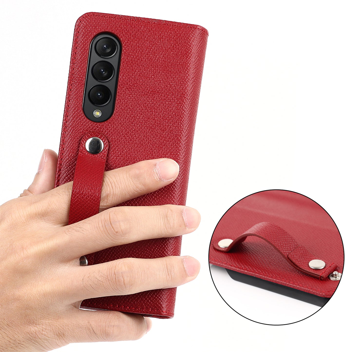 Textured Genuine Leather Case Hand Band Wallet Stand Cover with Pen Slot for Samsung Galaxy Z Fold3 5G