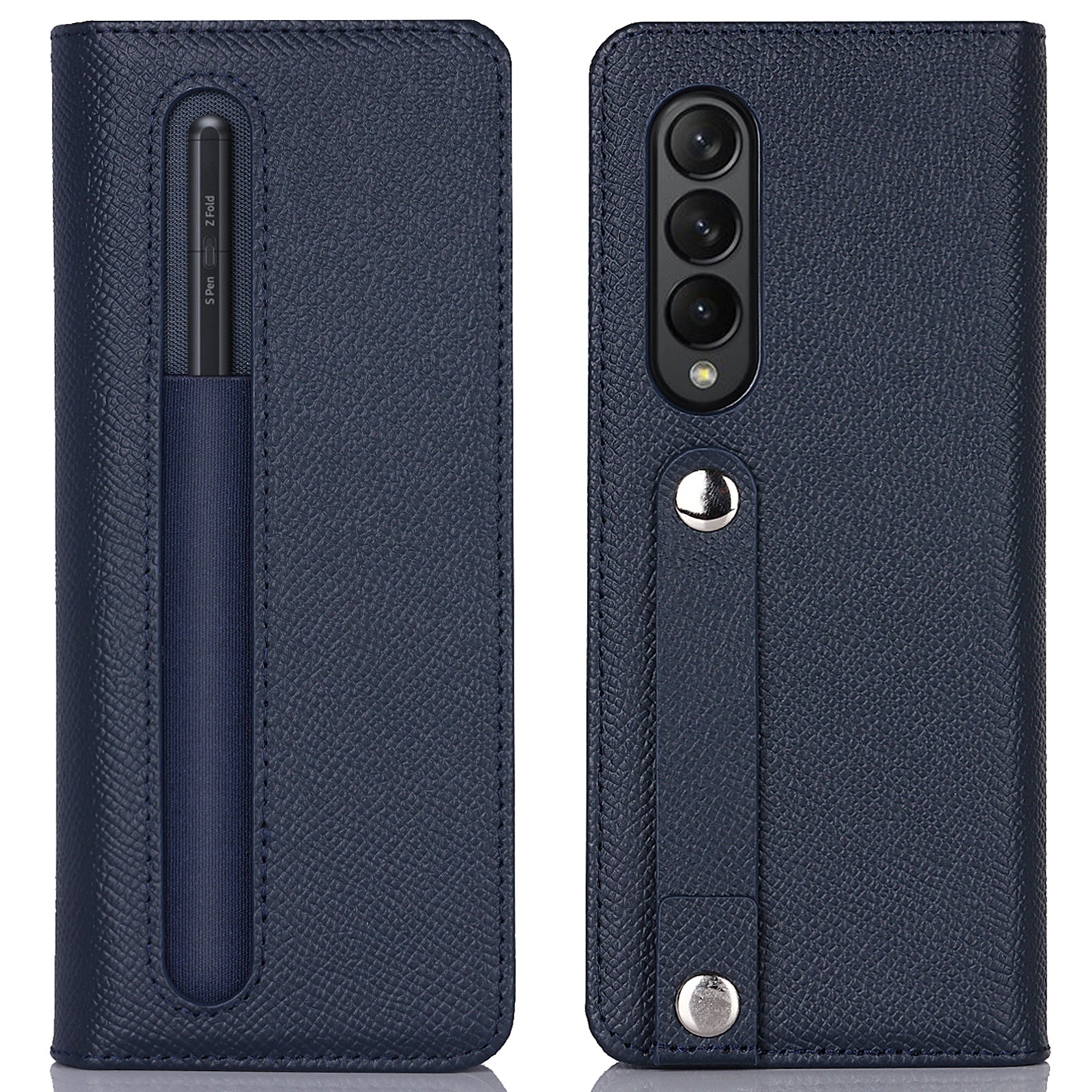 Textured Genuine Leather Case Hand Band Wallet Stand Cover with Pen Slot for Samsung Galaxy Z Fold3 5G