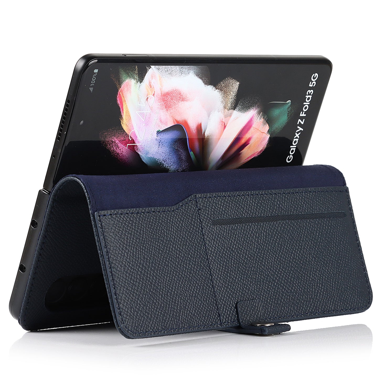 Textured Genuine Leather Case Hand Band Wallet Stand Cover with Pen Slot for Samsung Galaxy Z Fold3 5G