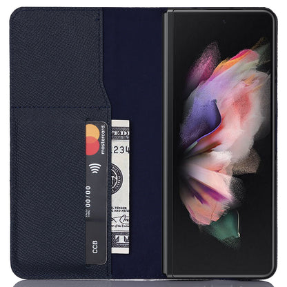 Textured Genuine Leather Case Hand Band Wallet Stand Cover with Pen Slot for Samsung Galaxy Z Fold3 5G