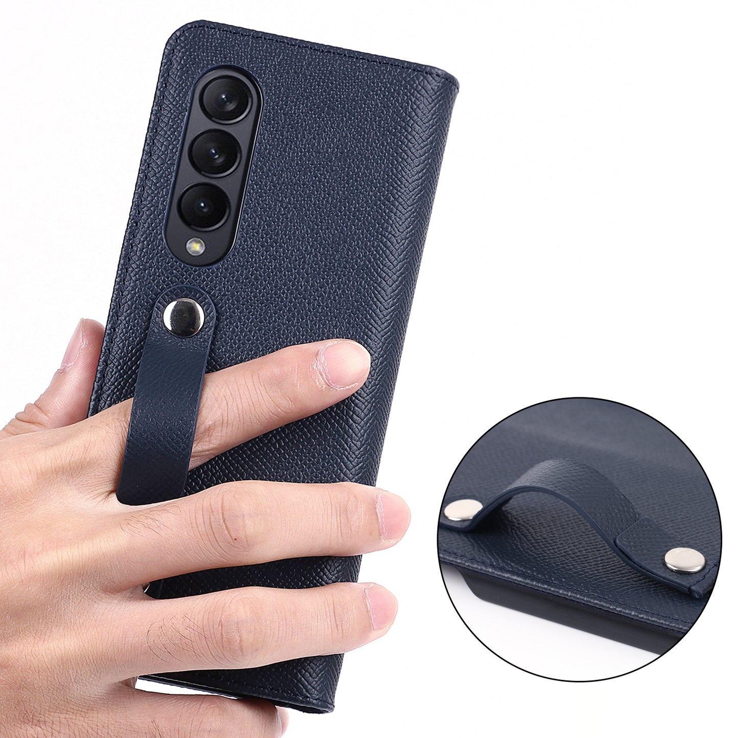 Textured Genuine Leather Case Hand Band Wallet Stand Cover with Pen Slot for Samsung Galaxy Z Fold3 5G