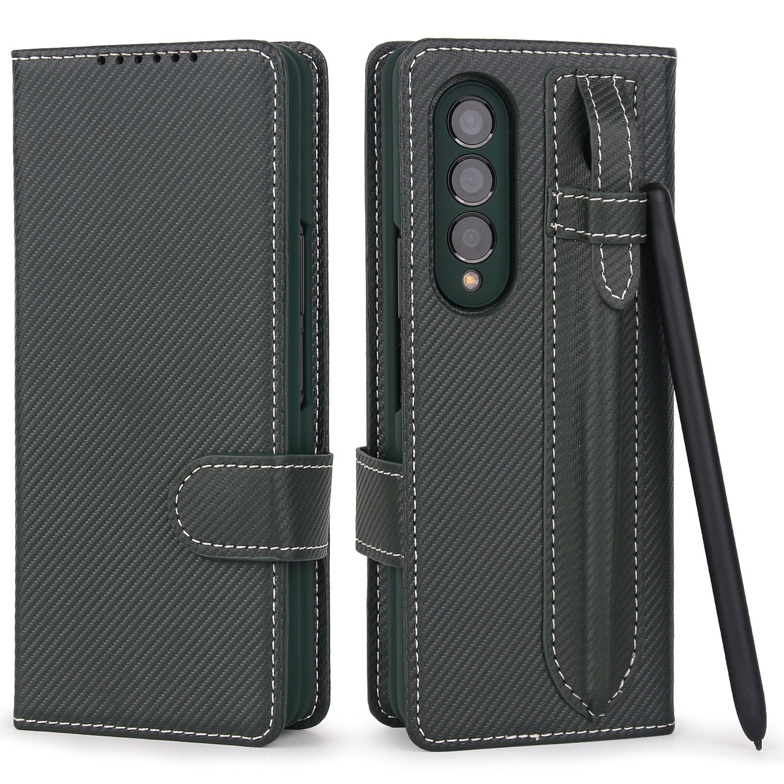 Twill Texture Detachable Genuine Leather Shell Stand Wallet Protective Phone Case with Pen Slot for Samsung Galaxy Z Fold3 5G