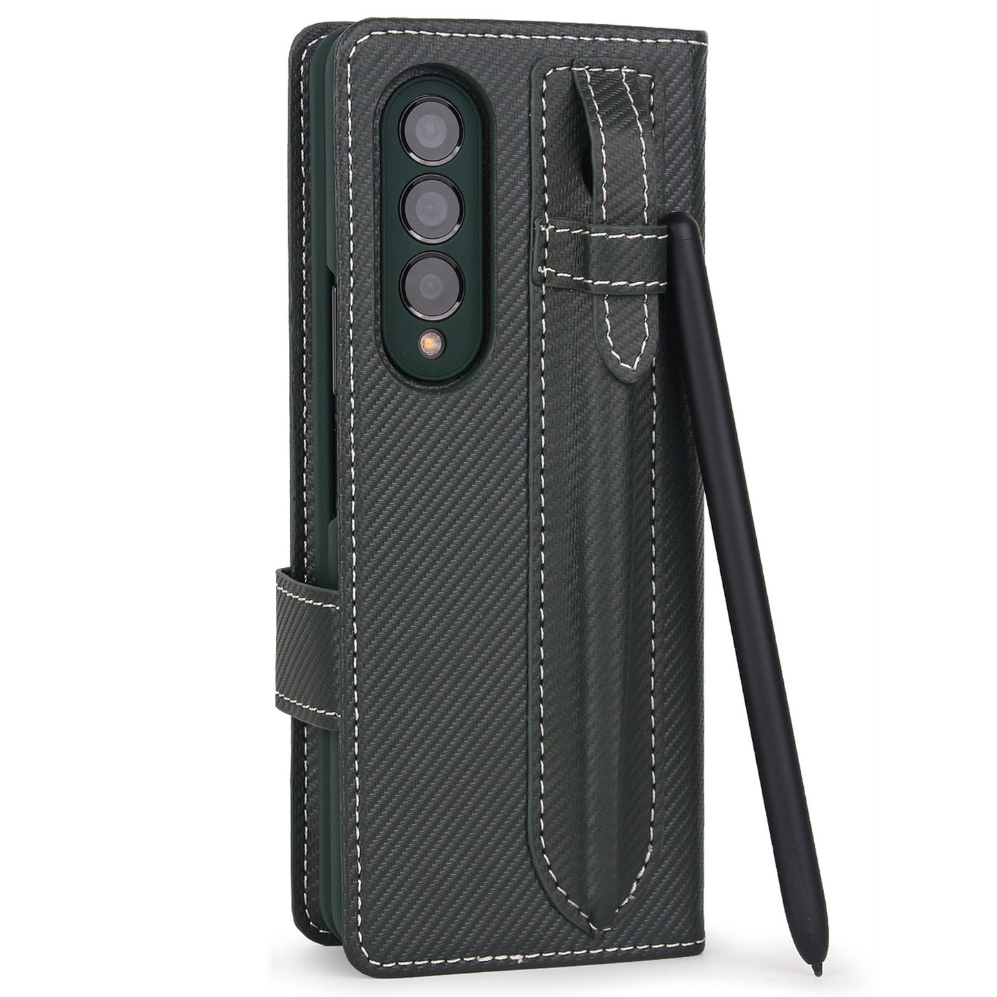 Twill Texture Detachable Genuine Leather Shell Stand Wallet Protective Phone Case with Pen Slot for Samsung Galaxy Z Fold3 5G