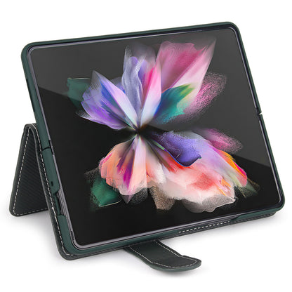 Twill Texture Detachable Genuine Leather Shell Stand Wallet Protective Phone Case with Pen Slot for Samsung Galaxy Z Fold3 5G
