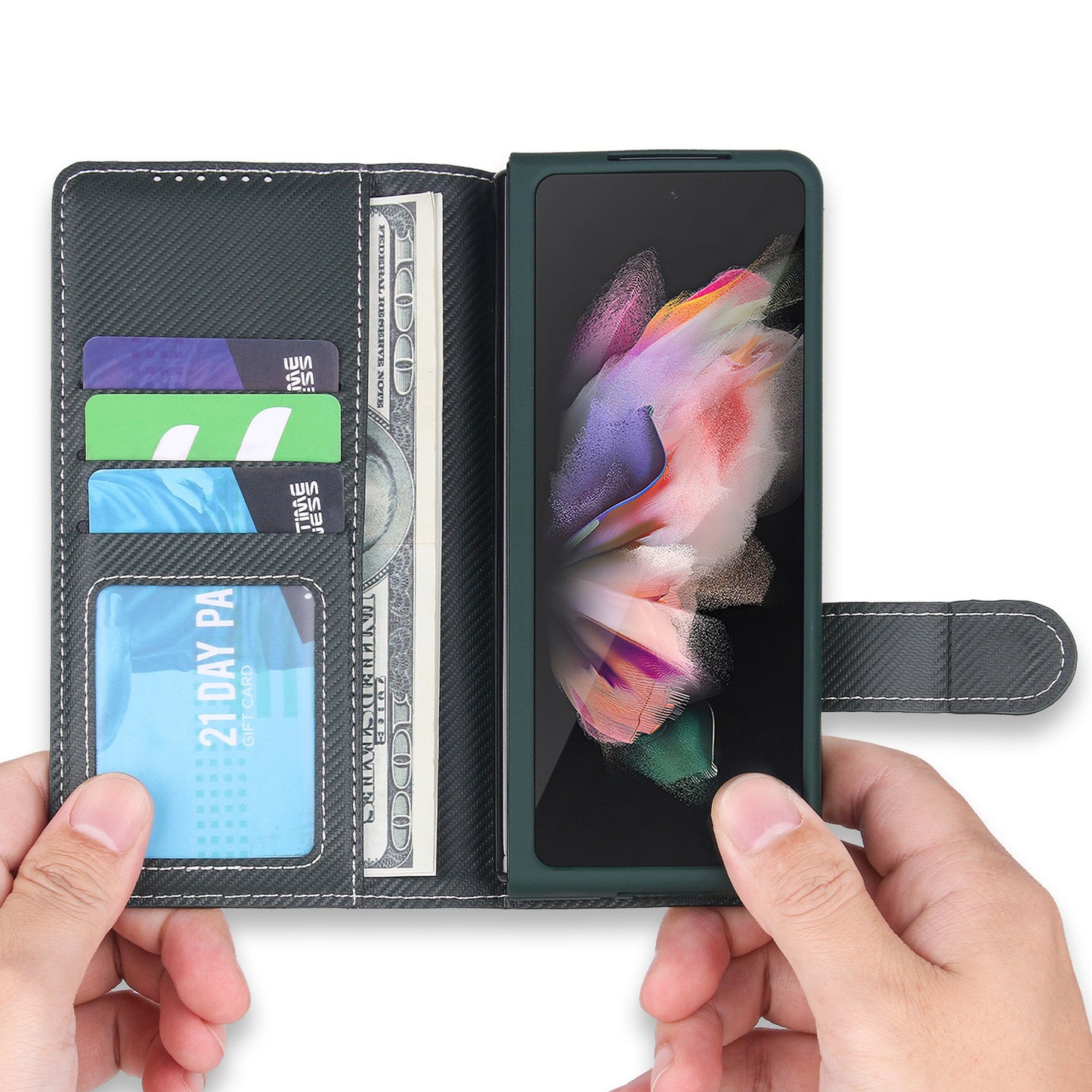 Twill Texture Detachable Genuine Leather Shell Stand Wallet Protective Phone Case with Pen Slot for Samsung Galaxy Z Fold3 5G