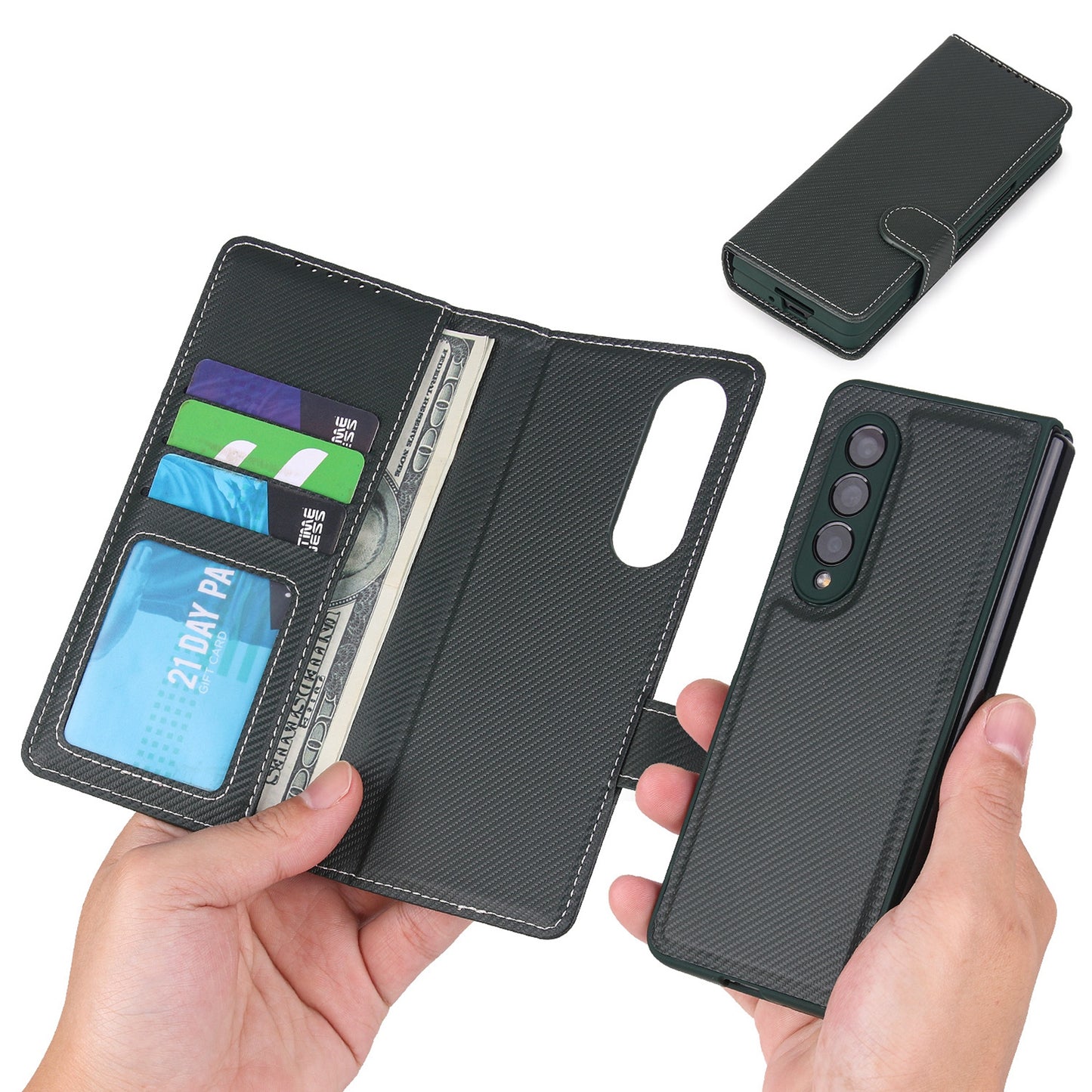 Twill Texture Detachable Genuine Leather Shell Stand Wallet Protective Phone Case with Pen Slot for Samsung Galaxy Z Fold3 5G