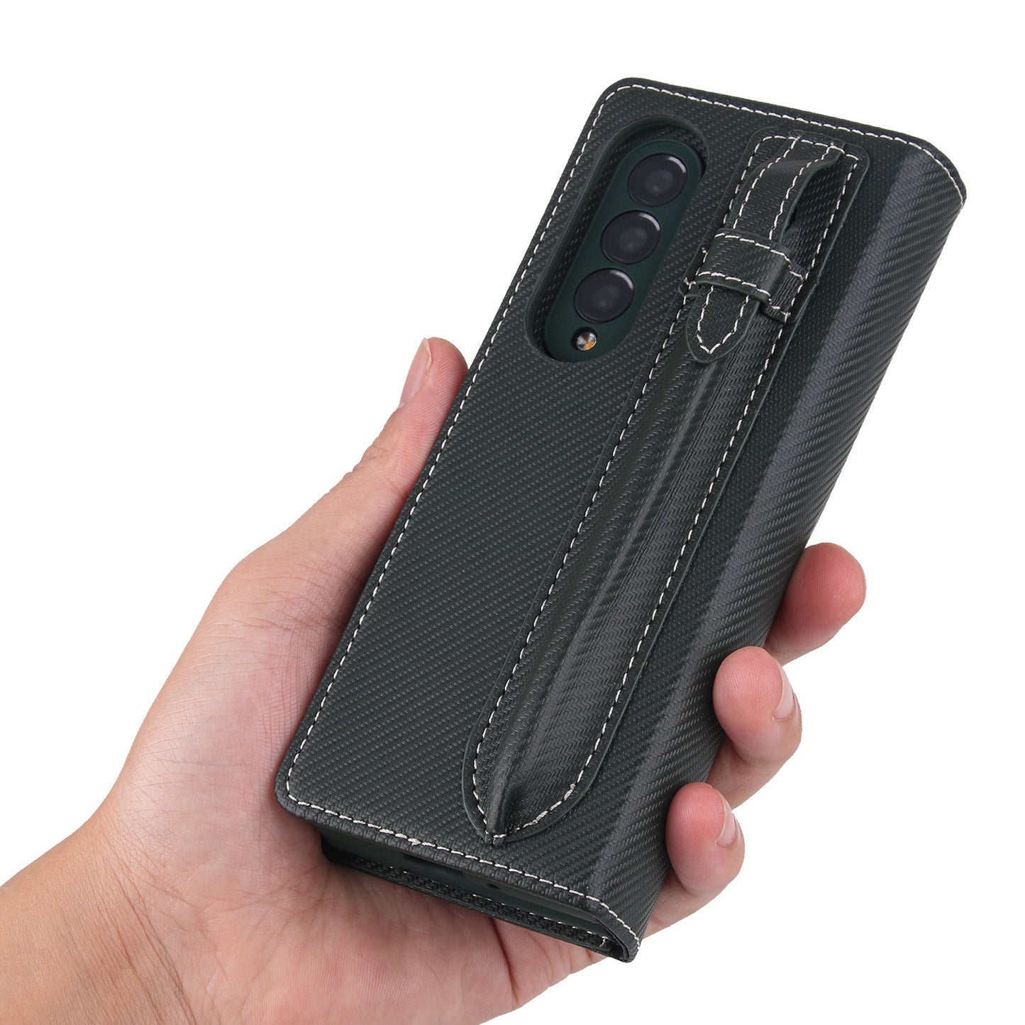 Twill Texture Detachable Genuine Leather Shell Stand Wallet Protective Phone Case with Pen Slot for Samsung Galaxy Z Fold3 5G