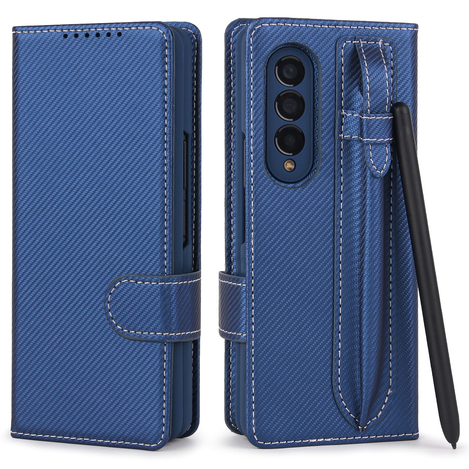 Twill Texture Detachable Genuine Leather Shell Stand Wallet Protective Phone Case with Pen Slot for Samsung Galaxy Z Fold3 5G