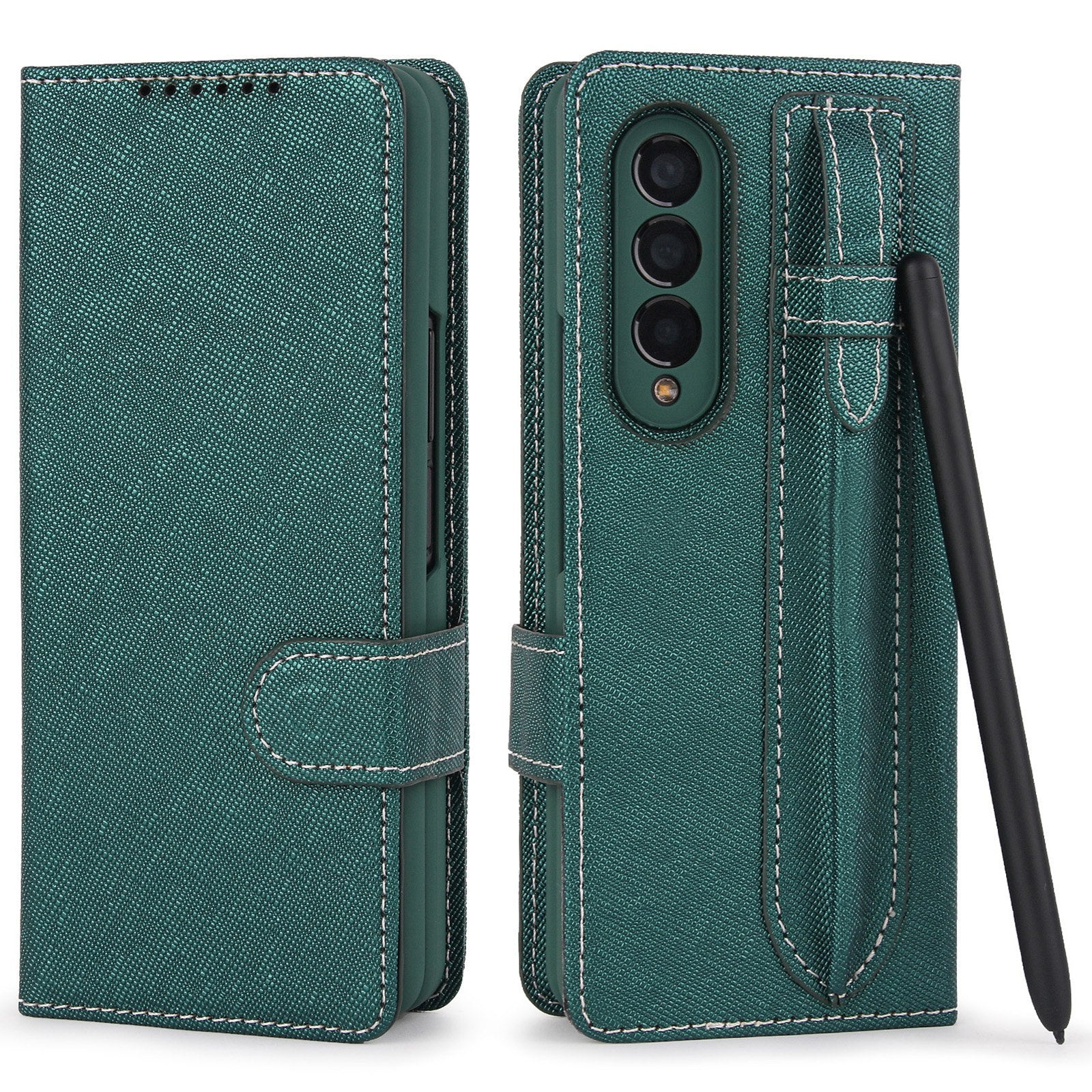 Twill Texture Detachable Genuine Leather Shell Stand Wallet Protective Phone Case with Pen Slot for Samsung Galaxy Z Fold3 5G