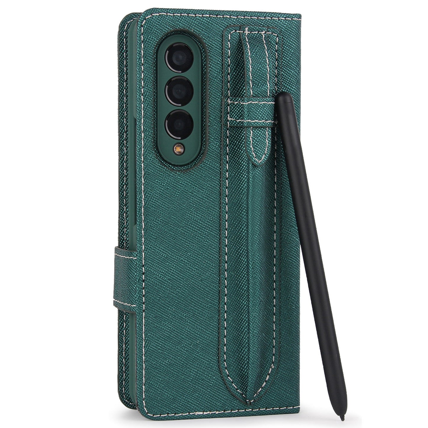 Twill Texture Detachable Genuine Leather Shell Stand Wallet Protective Phone Case with Pen Slot for Samsung Galaxy Z Fold3 5G