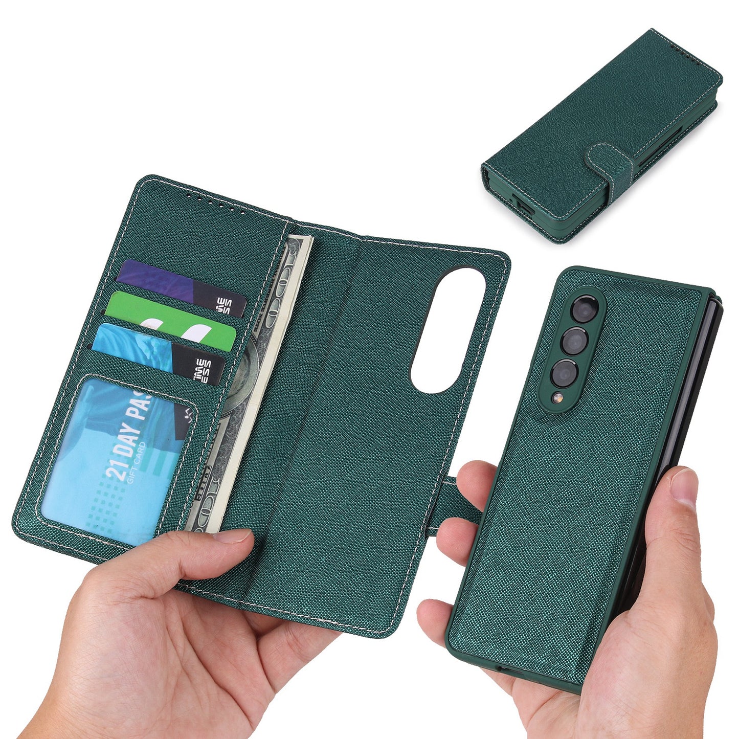 Twill Texture Detachable Genuine Leather Shell Stand Wallet Protective Phone Case with Pen Slot for Samsung Galaxy Z Fold3 5G