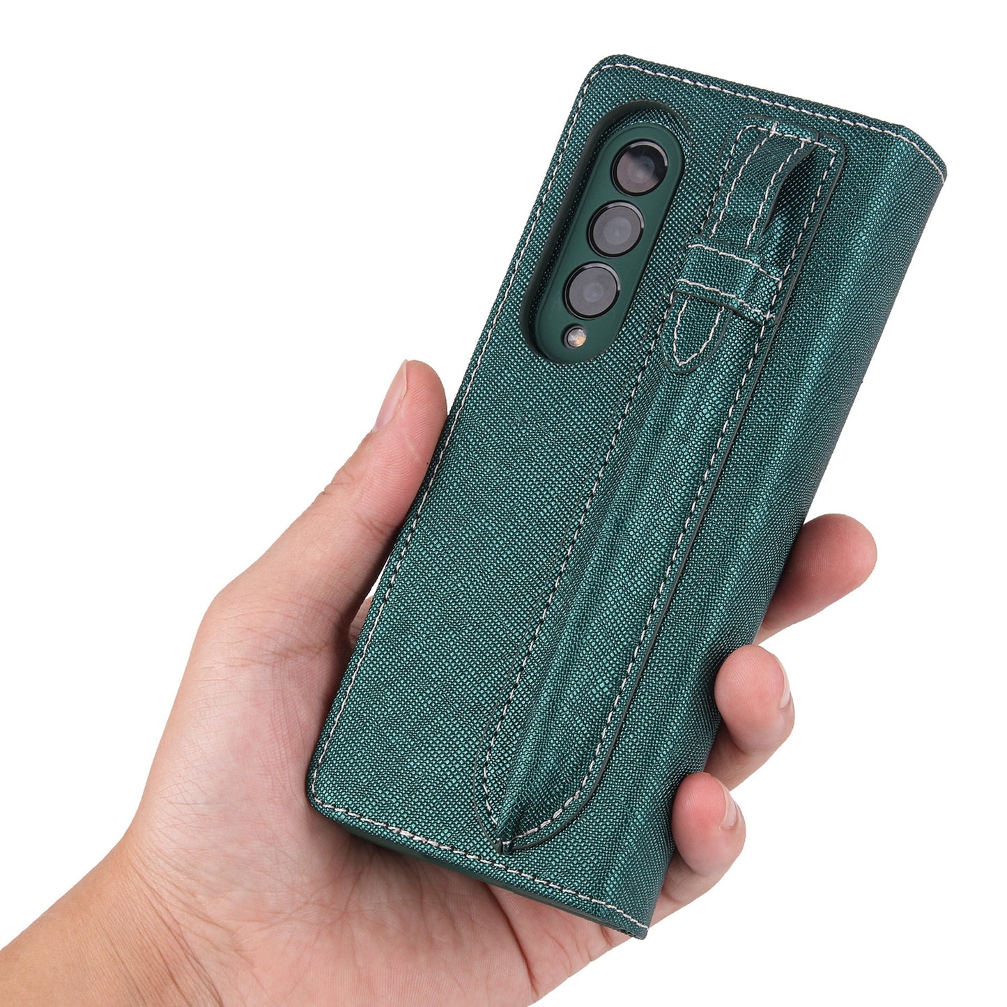 Twill Texture Detachable Genuine Leather Shell Stand Wallet Protective Phone Case with Pen Slot for Samsung Galaxy Z Fold3 5G