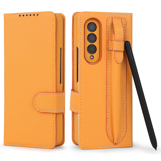 Twill Texture Detachable Genuine Leather Shell Stand Wallet Protective Phone Case with Pen Slot for Samsung Galaxy Z Fold3 5G