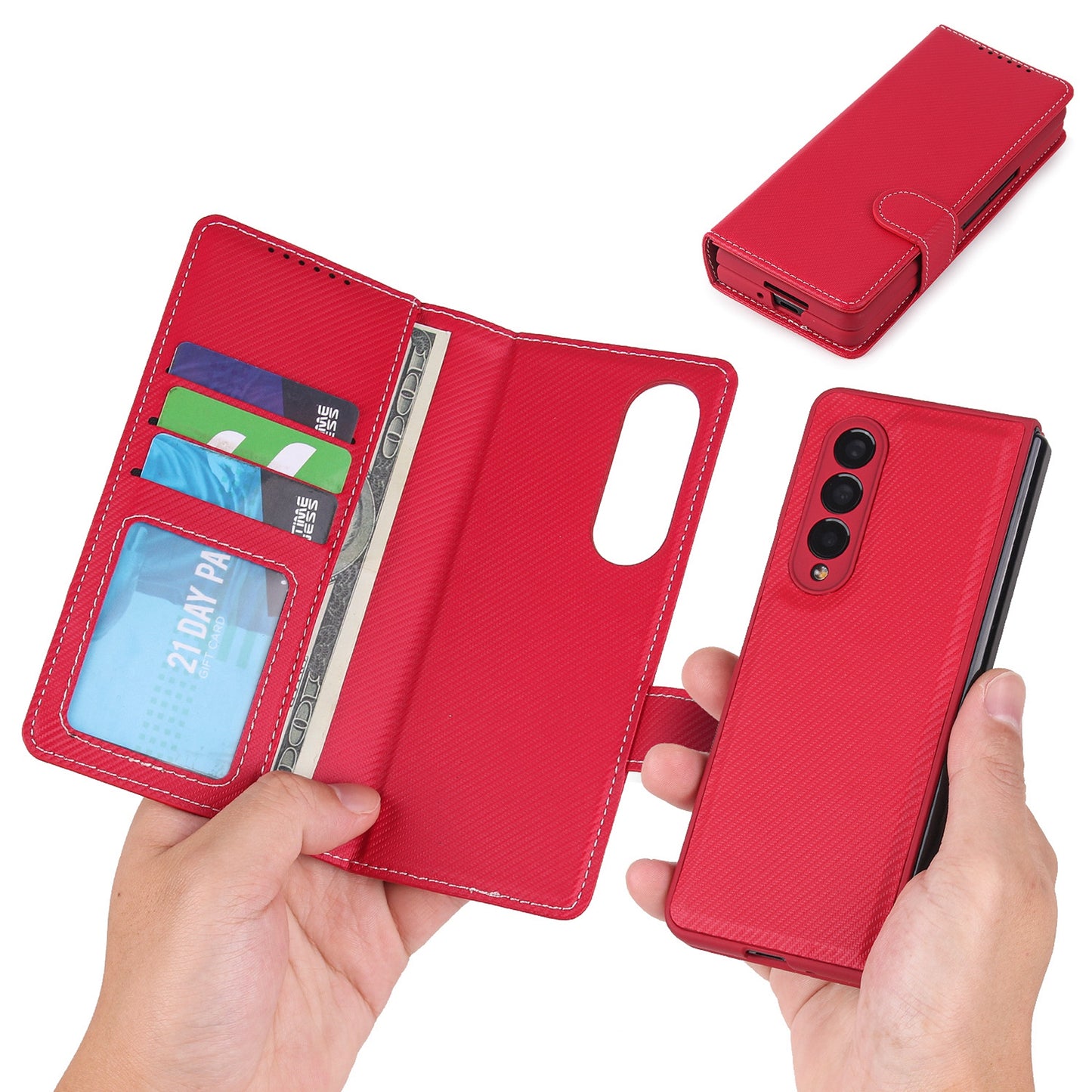 Twill Texture Detachable Genuine Leather Shell Stand Wallet Protective Phone Case with Pen Slot for Samsung Galaxy Z Fold3 5G