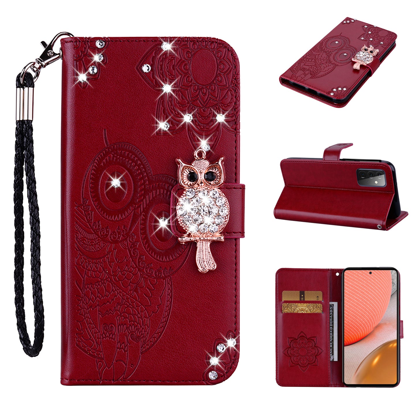 Rhinestone Decor Flip PU Leather Magnetic Clasp Case Wallet Stand Owl Flower Imprinted Shell Cover with Strap for Samsung Galaxy A33 5G