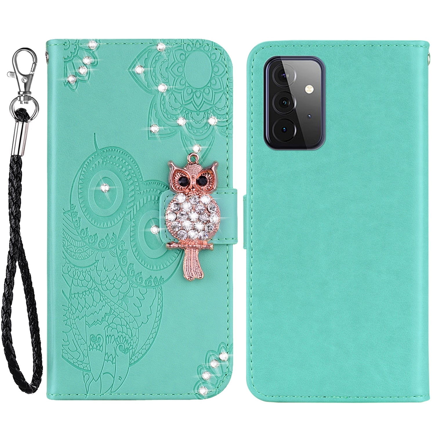 Rhinestone Decor Flip PU Leather Magnetic Clasp Case Wallet Stand Owl Flower Imprinted Shell Cover with Strap for Samsung Galaxy A33 5G