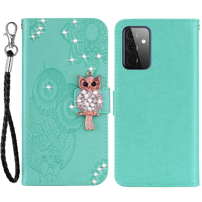 Rhinestone Decor Flip PU Leather Magnetic Clasp Case Wallet Stand Owl Flower Imprinted Shell Cover with Strap for Samsung Galaxy A33 5G