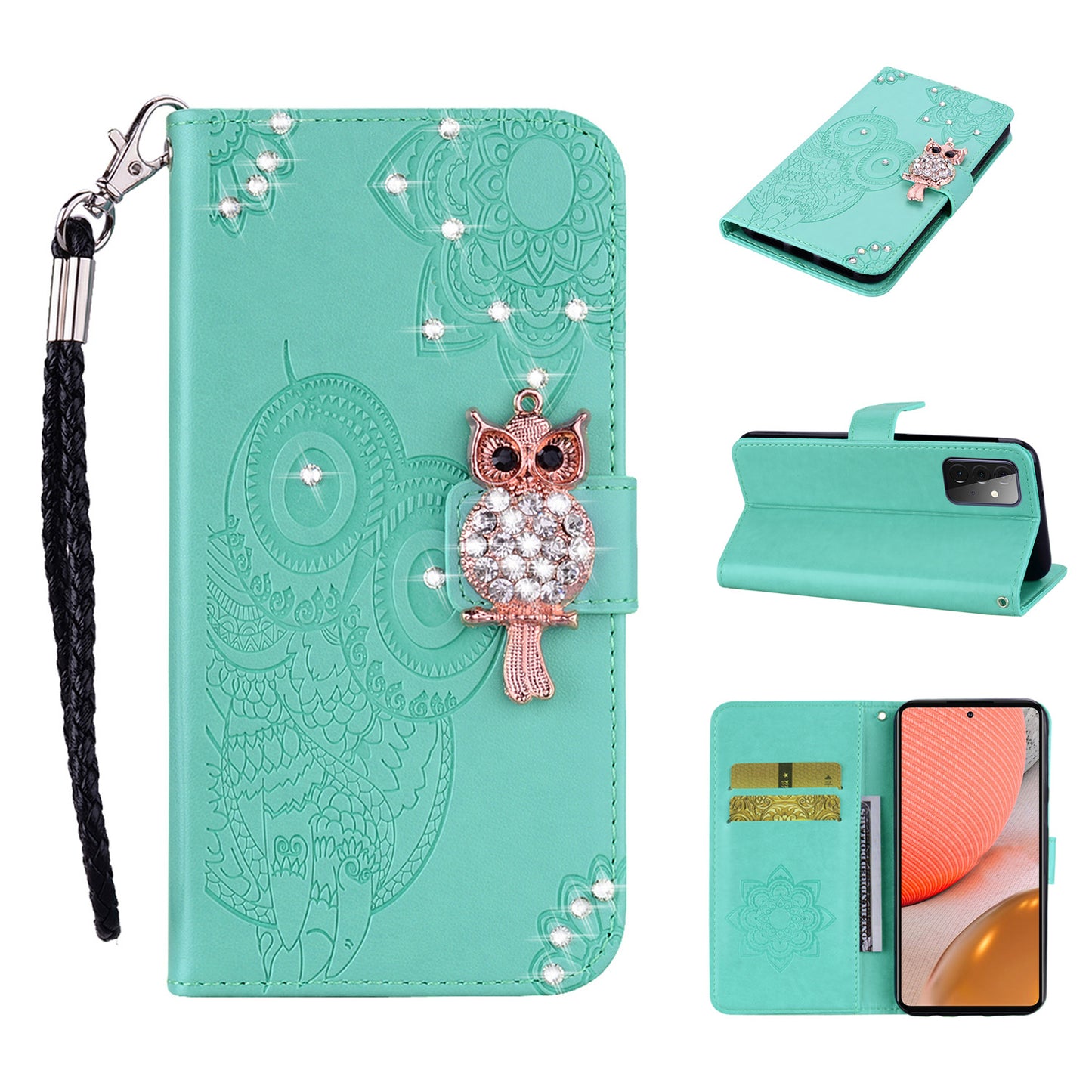 Rhinestone Decor Flip PU Leather Magnetic Clasp Case Wallet Stand Owl Flower Imprinted Shell Cover with Strap for Samsung Galaxy A33 5G