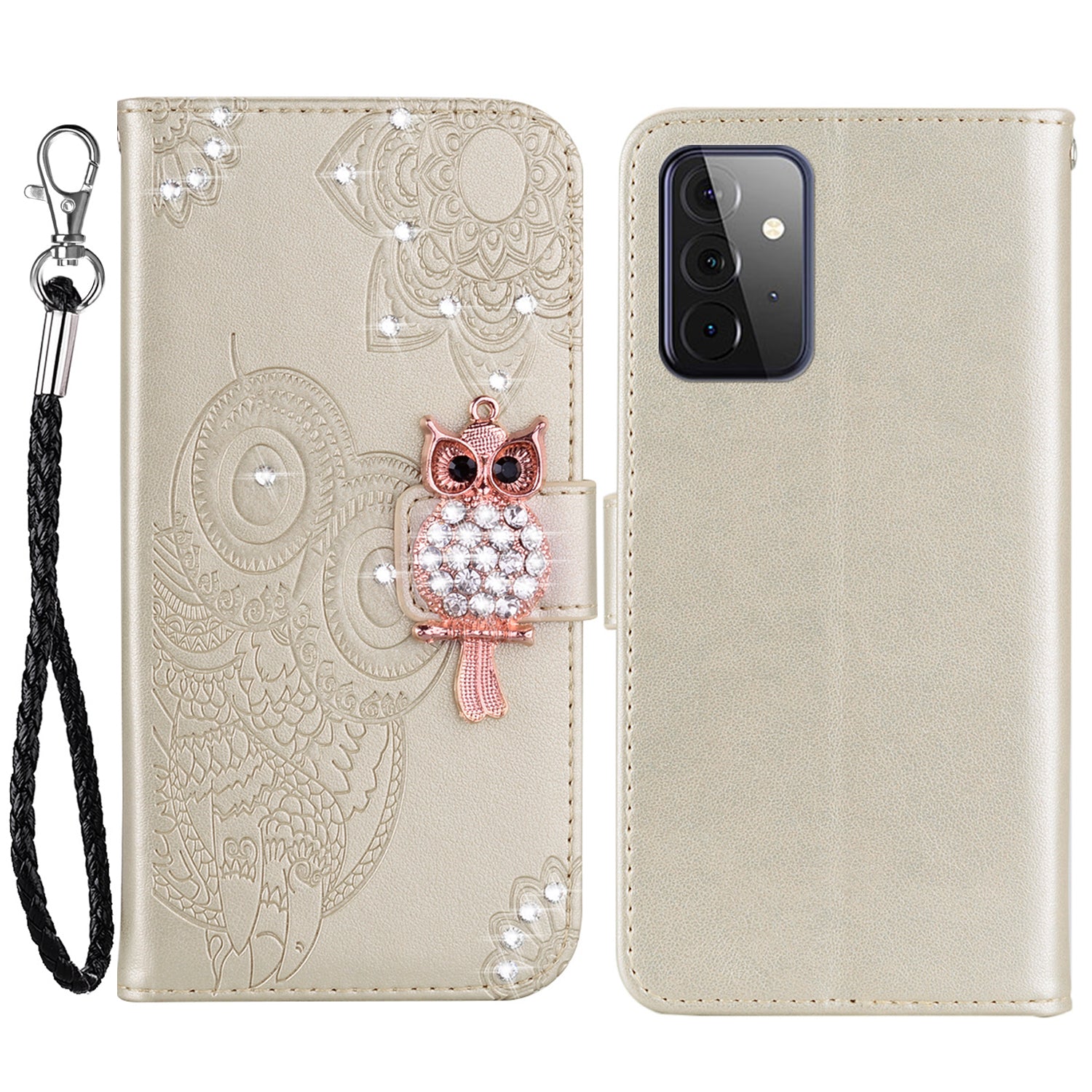 Rhinestone Decor Flip PU Leather Magnetic Clasp Case Wallet Stand Owl Flower Imprinted Shell Cover with Strap for Samsung Galaxy A33 5G