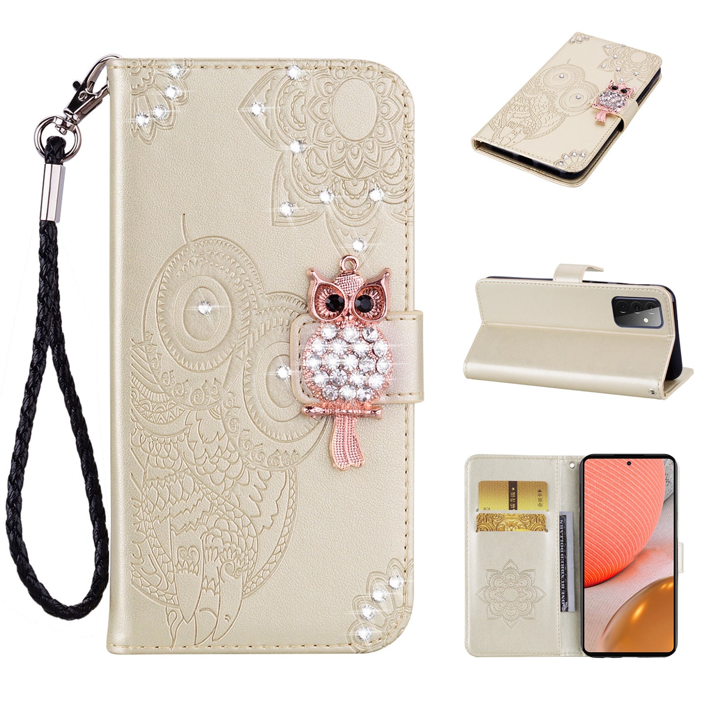Rhinestone Decor Flip PU Leather Magnetic Clasp Case Wallet Stand Owl Flower Imprinted Shell Cover with Strap for Samsung Galaxy A33 5G