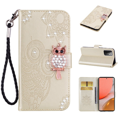 Rhinestone Decor Flip PU Leather Magnetic Clasp Case Wallet Stand Owl Flower Imprinted Shell Cover with Strap for Samsung Galaxy A33 5G