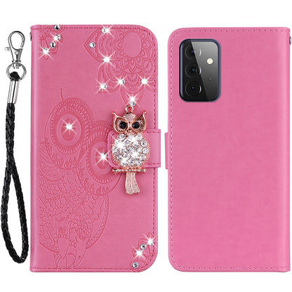Rhinestone Decor Flip PU Leather Magnetic Clasp Case Wallet Stand Owl Flower Imprinted Shell Cover with Strap for Samsung Galaxy A33 5G