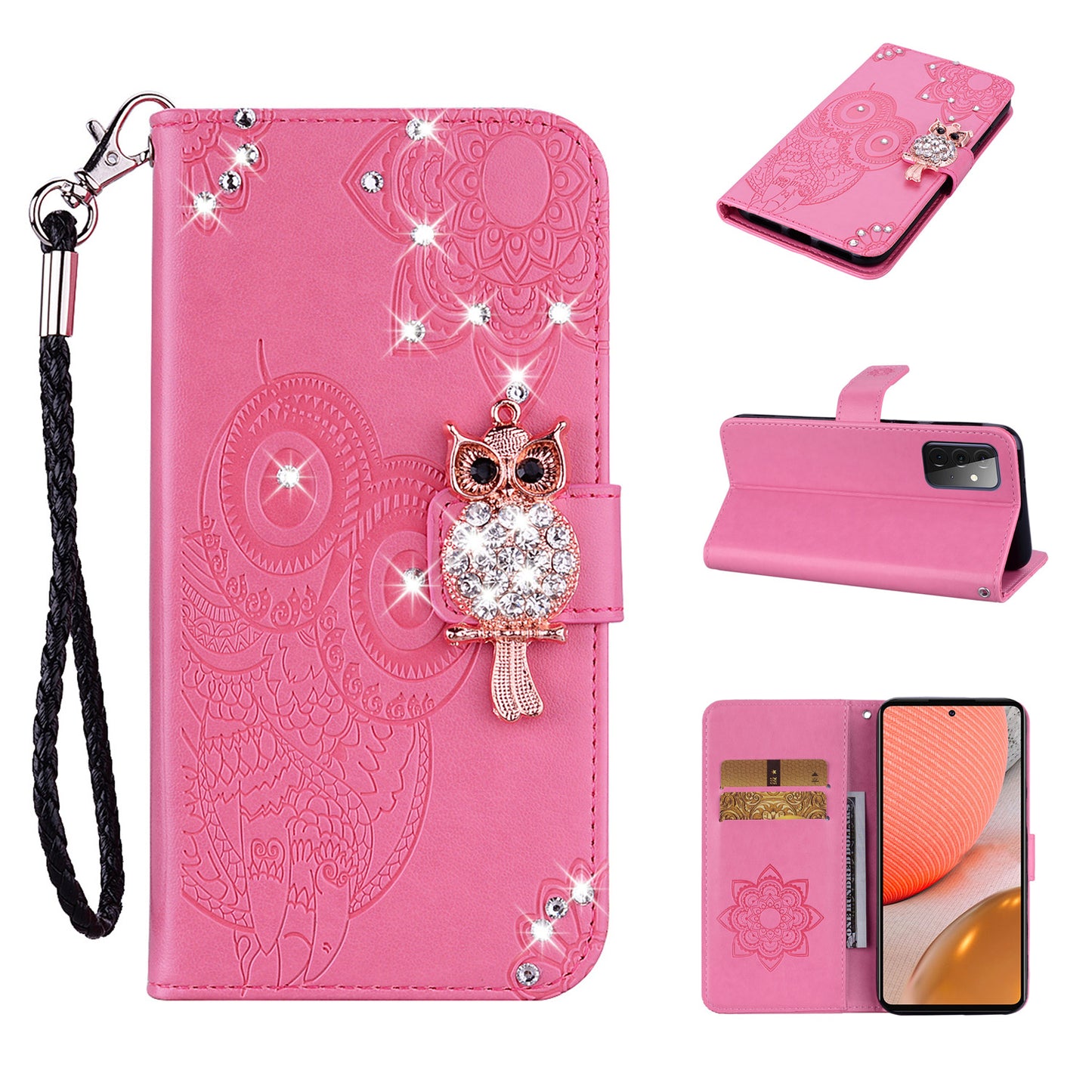 Rhinestone Decor Flip PU Leather Magnetic Clasp Case Wallet Stand Owl Flower Imprinted Shell Cover with Strap for Samsung Galaxy A33 5G