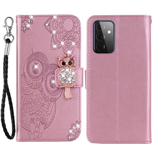 Rhinestone Decor Flip PU Leather Magnetic Clasp Case Wallet Stand Owl Flower Imprinted Shell Cover with Strap for Samsung Galaxy A33 5G