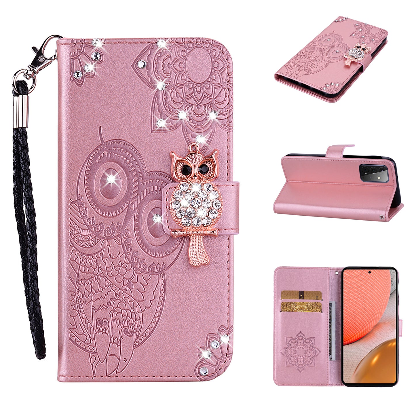 Rhinestone Decor Flip PU Leather Magnetic Clasp Case Wallet Stand Owl Flower Imprinted Shell Cover with Strap for Samsung Galaxy A33 5G