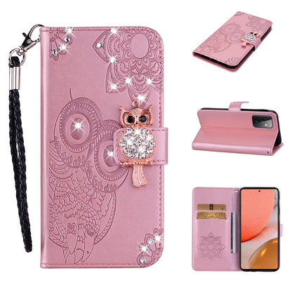 Rhinestone Decor Flip PU Leather Magnetic Clasp Case Wallet Stand Owl Flower Imprinted Shell Cover with Strap for Samsung Galaxy A33 5G