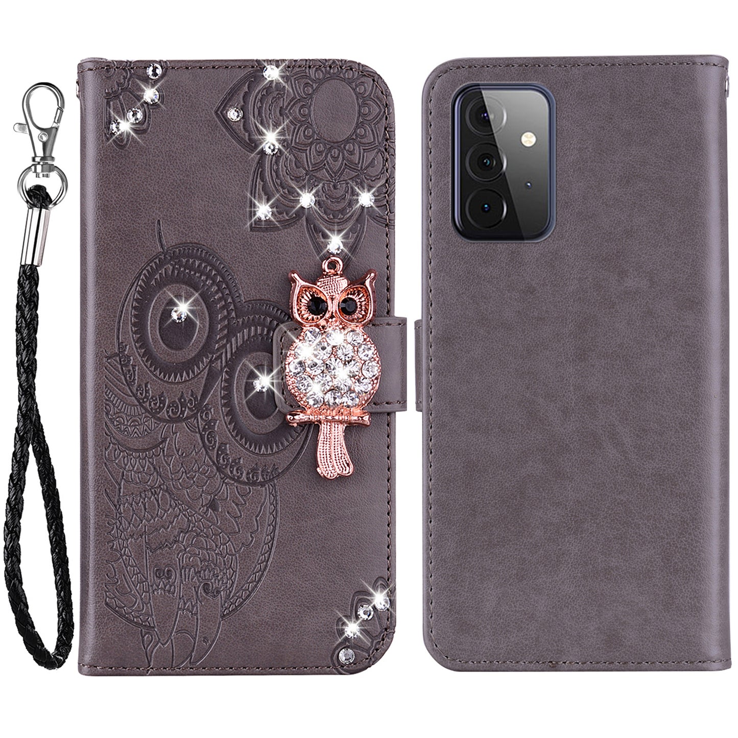 Rhinestone Decor Flip PU Leather Magnetic Clasp Case Wallet Stand Owl Flower Imprinted Shell Cover with Strap for Samsung Galaxy A33 5G