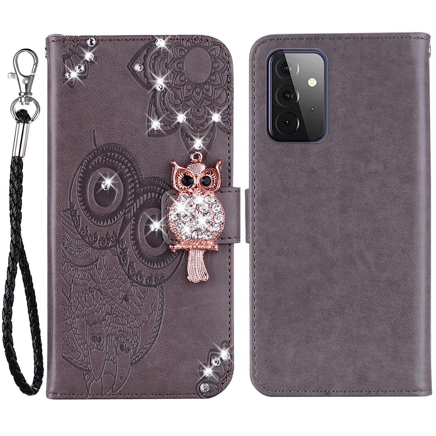 Rhinestone Decor Flip PU Leather Magnetic Clasp Case Wallet Stand Owl Flower Imprinted Shell Cover with Strap for Samsung Galaxy A33 5G