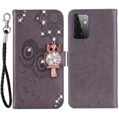 Rhinestone Decor Flip PU Leather Magnetic Clasp Case Wallet Stand Owl Flower Imprinted Shell Cover with Strap for Samsung Galaxy A33 5G