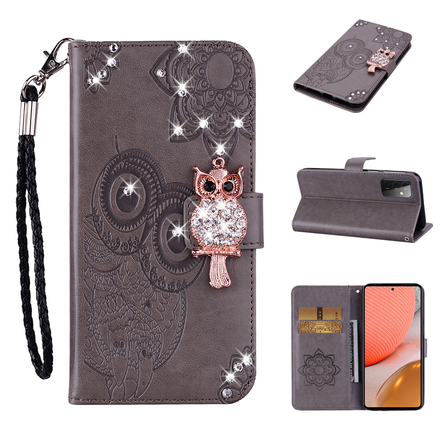 Rhinestone Decor Flip PU Leather Magnetic Clasp Case Wallet Stand Owl Flower Imprinted Shell Cover with Strap for Samsung Galaxy A33 5G