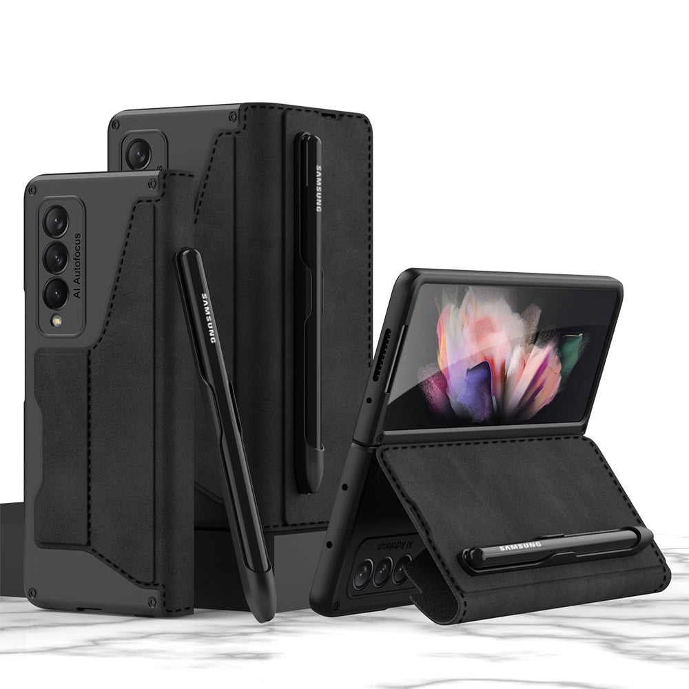 GKK PU Leather + Hard PC Card Slots Stand Design Phone Case with Removable Pen Slot for Samsung Galaxy Z Fold3 5G