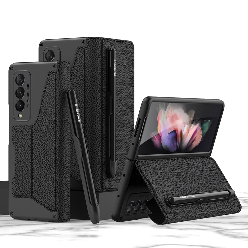 GKK PU Leather + Hard PC Card Slots Stand Design Phone Case with Removable Pen Slot for Samsung Galaxy Z Fold3 5G