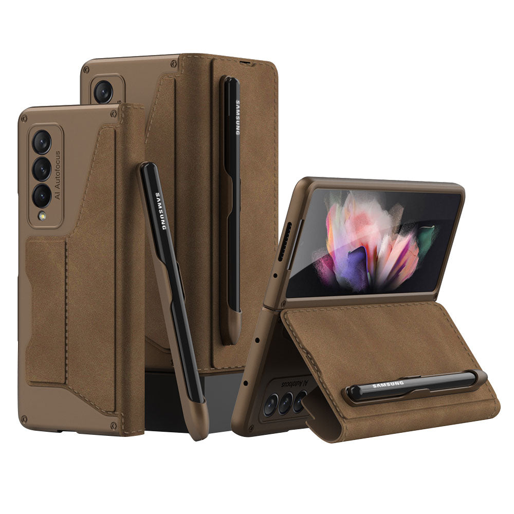 GKK PU Leather + Hard PC Card Slots Stand Design Phone Case with Removable Pen Slot for Samsung Galaxy Z Fold3 5G