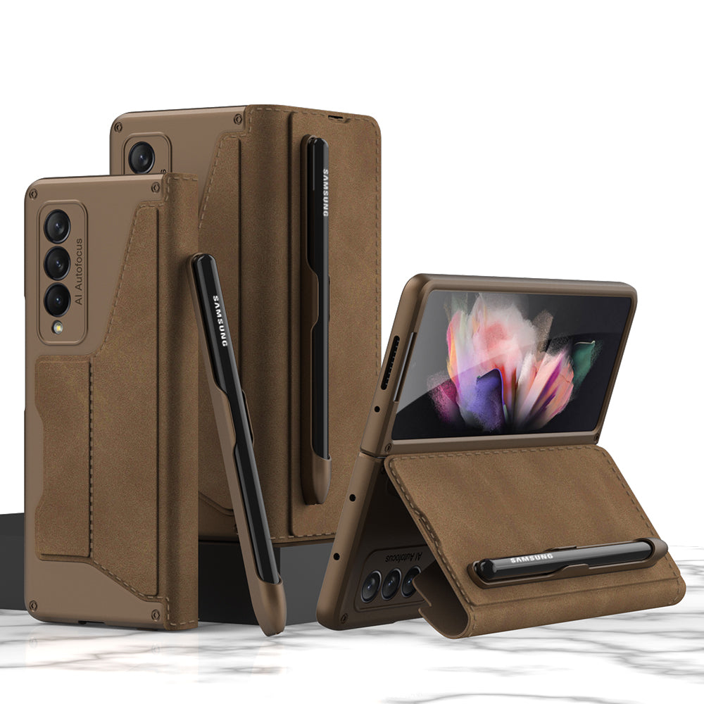 GKK PU Leather + Hard PC Card Slots Stand Design Phone Case with Removable Pen Slot for Samsung Galaxy Z Fold3 5G