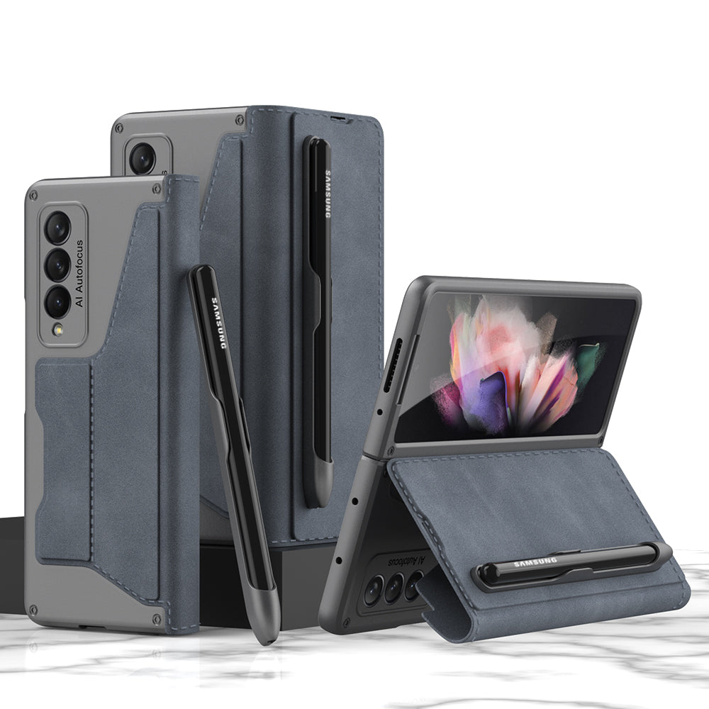 GKK PU Leather + Hard PC Card Slots Stand Design Phone Case with Removable Pen Slot for Samsung Galaxy Z Fold3 5G