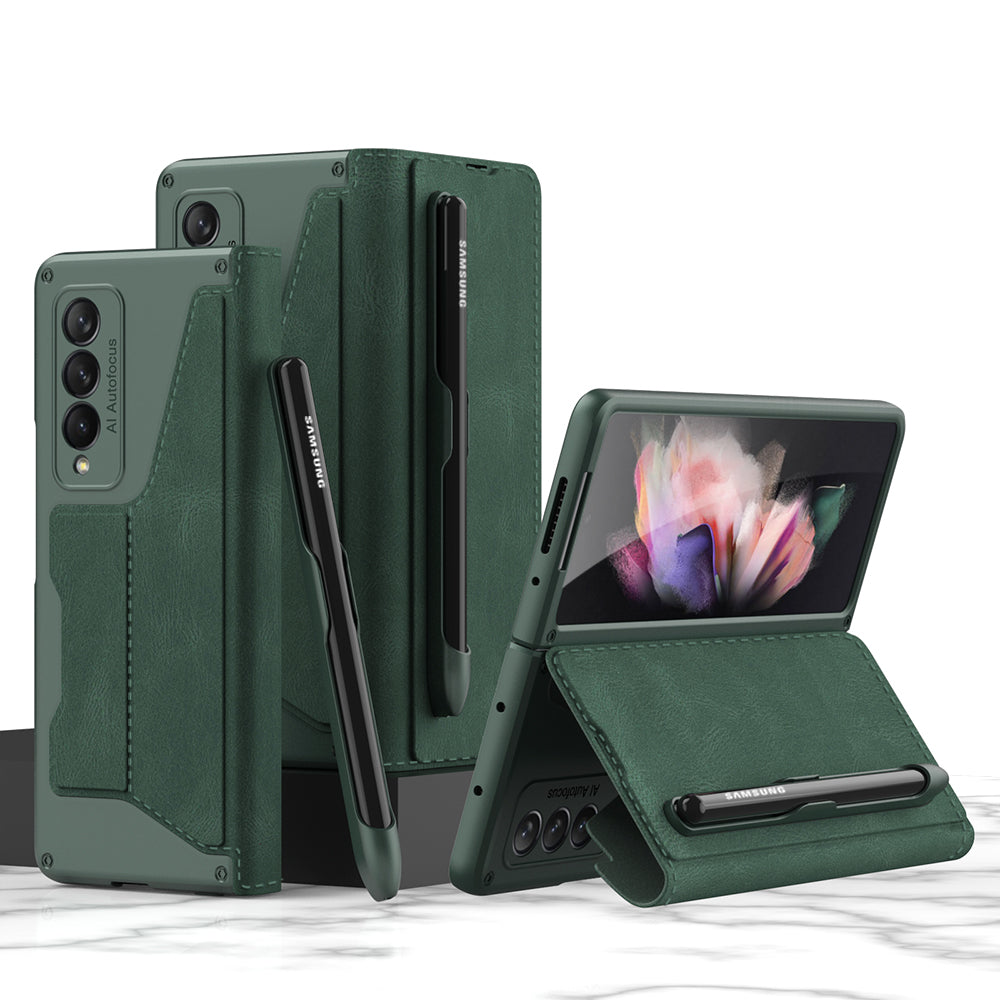 GKK PU Leather + Hard PC Card Slots Stand Design Phone Case with Removable Pen Slot for Samsung Galaxy Z Fold3 5G