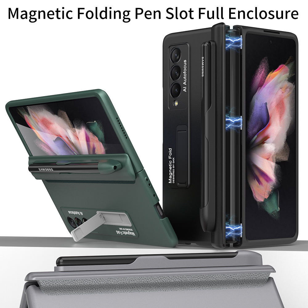 GKK Full Protection Magnetic Absorption Hinge Hard PC Folding Phone Case Cover with Kickstand and Pen Slot for Samsung Galaxy Z Fold3 5G