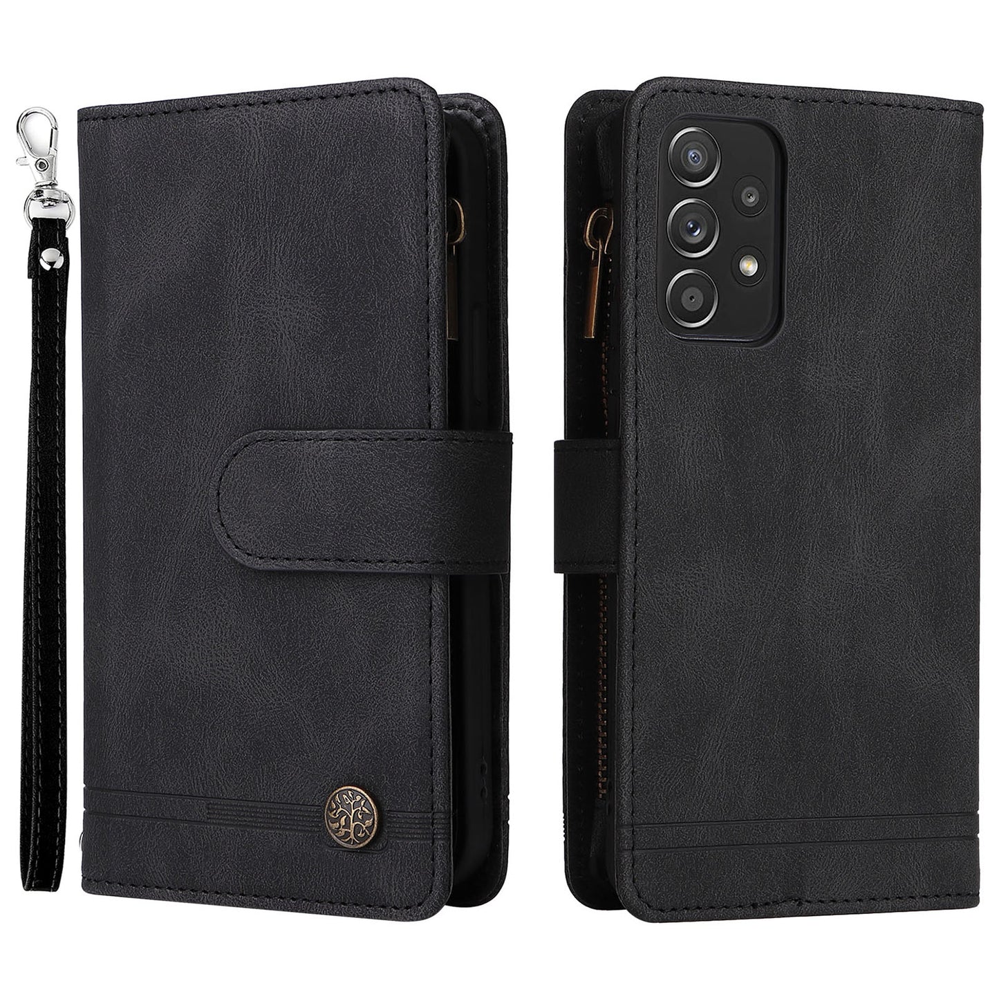 Scratch-proof Stripes Imprinted Skin-touch Wallet Stand Leather Cover Card Slots Phone Case with Zipper Pocket for Samsung Galaxy A52 4G/5G/A52s 5G