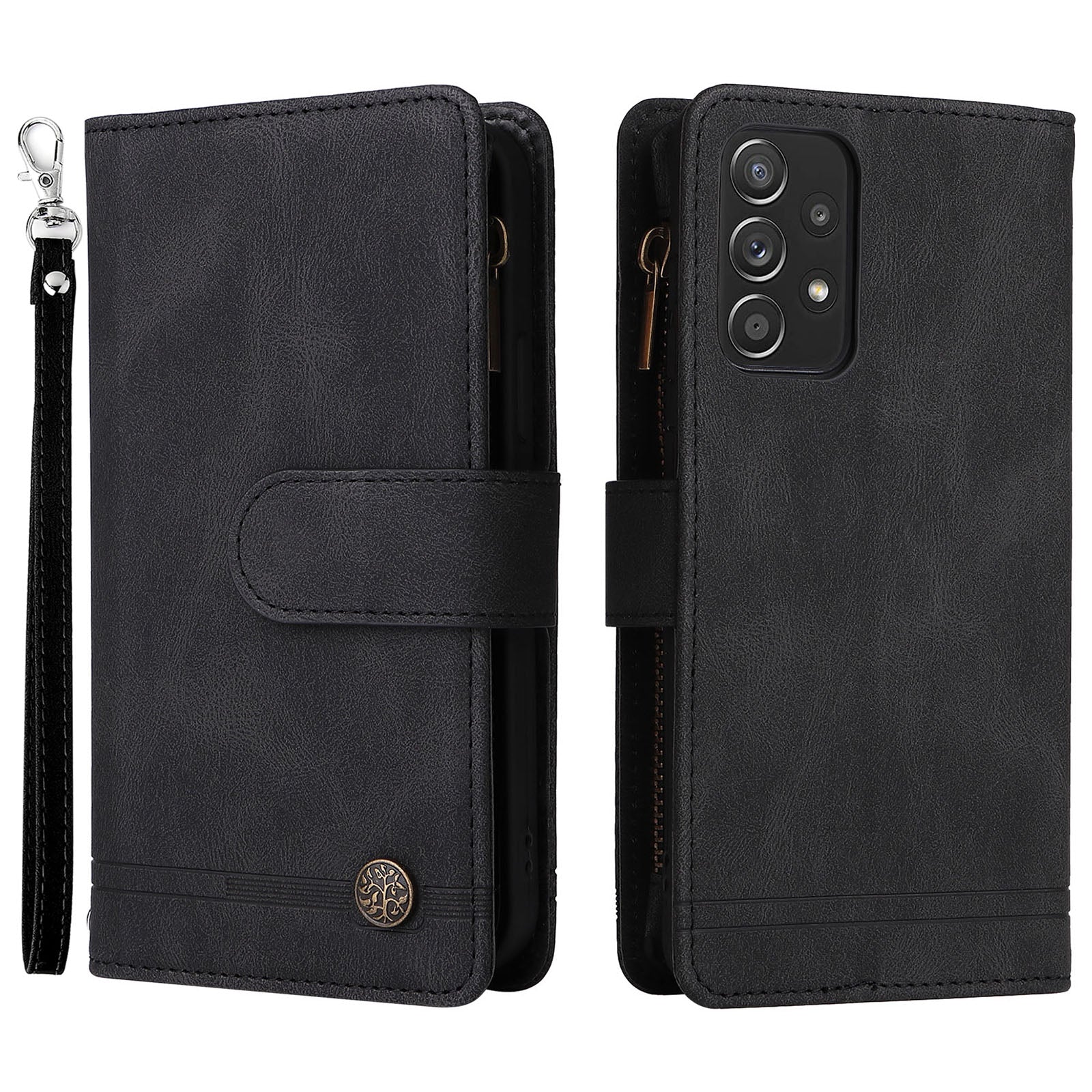 Scratch-proof Stripes Imprinted Skin-touch Wallet Stand Leather Cover Card Slots Phone Case with Zipper Pocket for Samsung Galaxy A52 4G/5G/A52s 5G